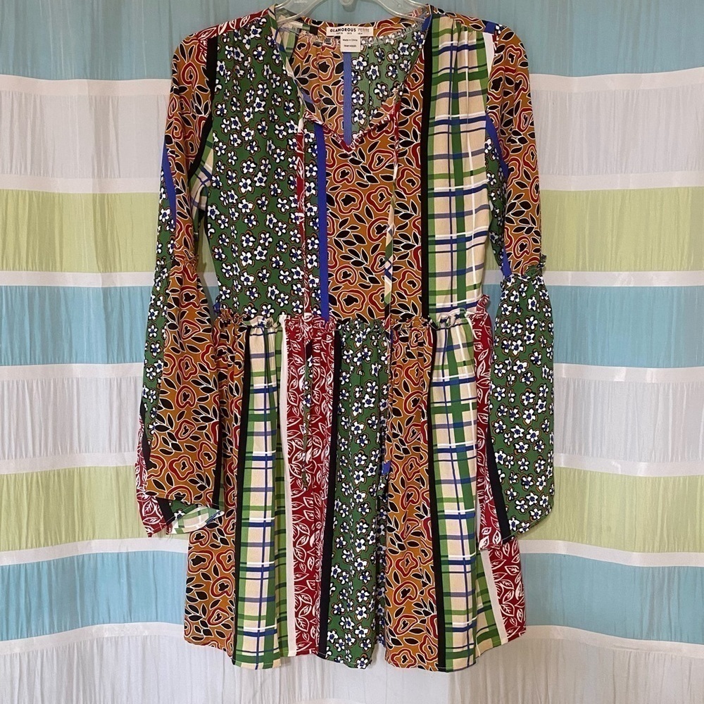 Glamorous Petite Smock Dress Retro Patchwork Sz 4 - Picture 3 of 11